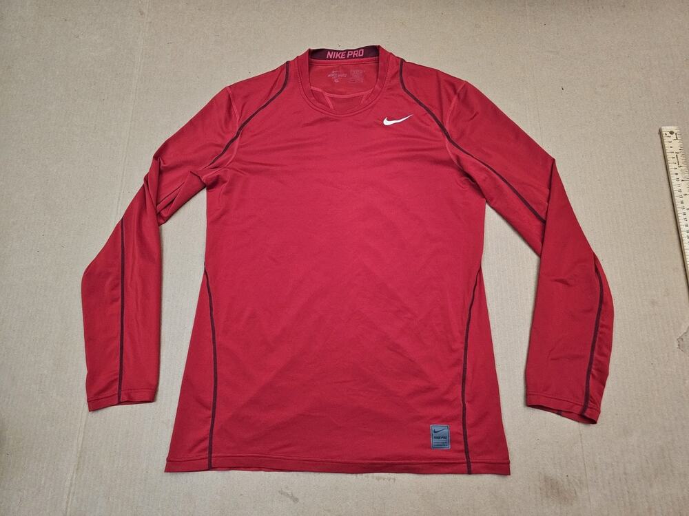 Nike Pro Shirt Men's Medium Red Long Sleeve Fitted Dri Fit Stretch Athletic Gym